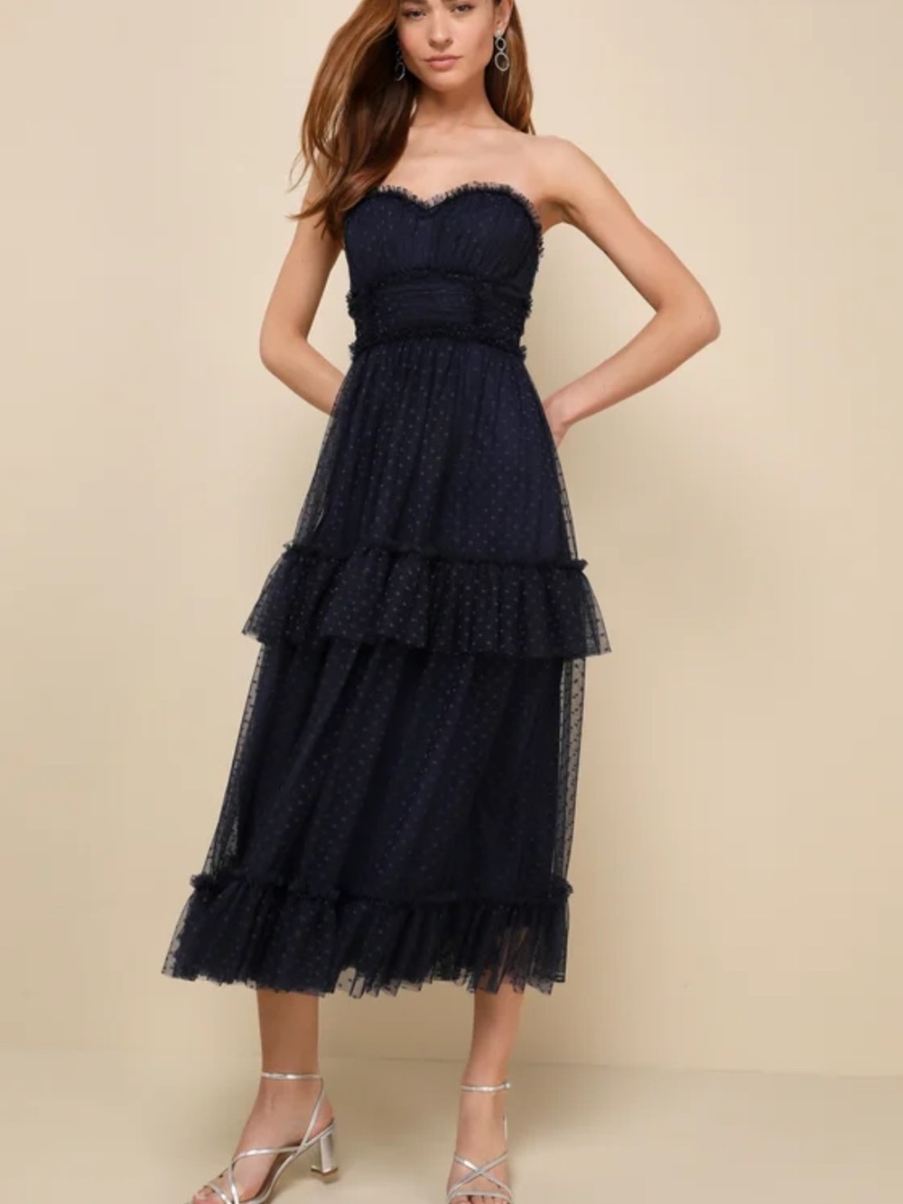 Lulu's Navy Strapless Tiered Tulle Midi Dress